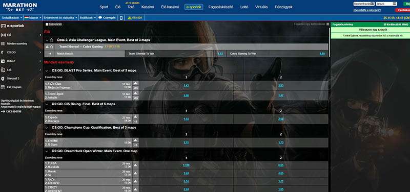 Marathonbet fogadás különböző e-sportokra
