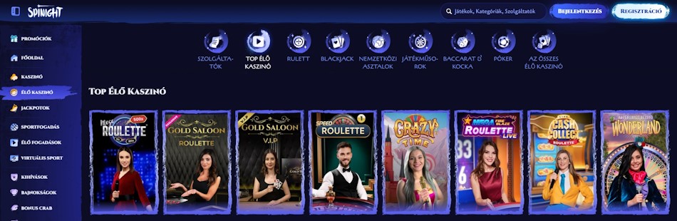 Spinight élő kaszinó játékok