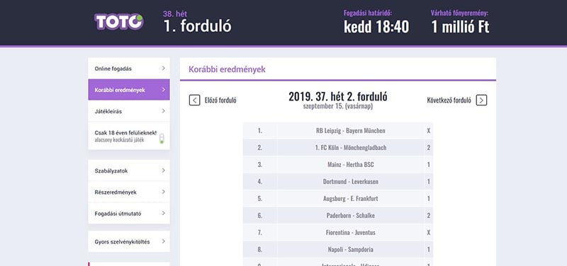 Totó sportfogadás korábbi eredmények