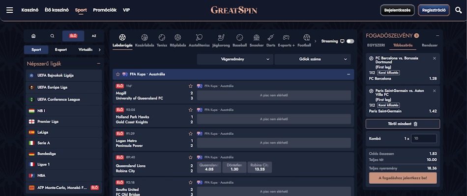 GreatSpin élő fogadás
