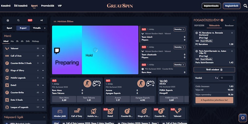 GreatSpin esport fogadás